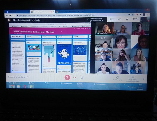 Widok ekranu podczas spotkania międzynarodowego online projektu Erasmus+ na platformie Meet